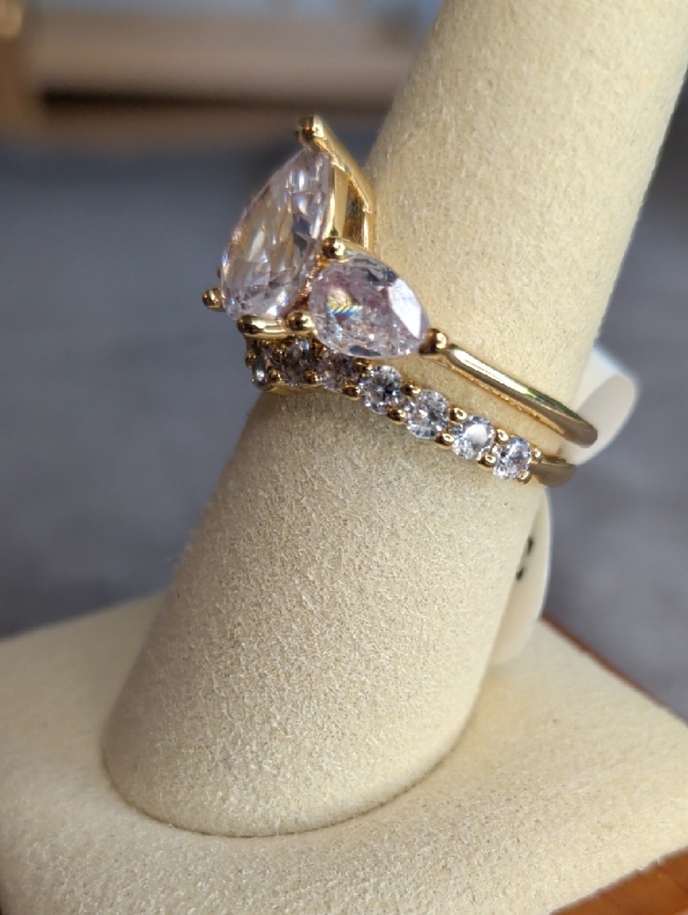 Wedding Set: Gold Fill Pear Cubic Zirconia Crown Ring Size 8 - Picture 2 of 8